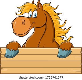 Brown Horse Cartoon Character Over A Blank Wood Sign. Vector Illustration Isolated On White Background