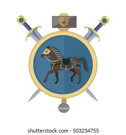 Brown horse in gold circle. Isolated avatar icon with swords. Steady strong horse. Stylized fantasy character. War concept. Part of series of game objects in flat design. Vector illustration.