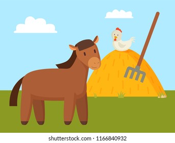 Brown horse grazing on green lawn colorful banner, vector illustration of domestic animal on rural yard, chick on haystack with fork for harvesting