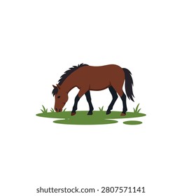 Brown horse grazing on a patch of green grass isolated on white. Flat style illustration of a brown horse with a black mane and tail eating grass. Simple, clean design on a white background. Ideal for children's books or educational nature materials.
