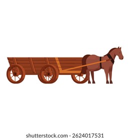 Cavalo marrom com um arnês está parado perto de uma carroça de madeira vazia