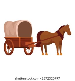 Brown horse is harnessed to a wooden wagon with a beige canvas cover