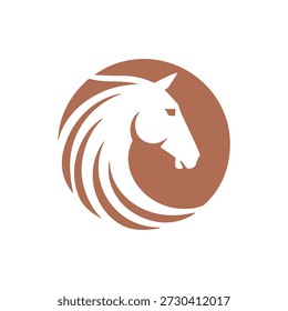 Logotipo de cabeza de caballo marrón en marco circular con melena fluida