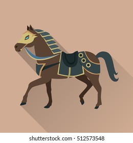 Brown horse with long shadow. Isolated avatar icon with swords. Steady strong horse. Stylized fantasy character. War concept. Part of series of game objects in flat design. Vector illustration.