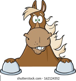 Brown Horse Looking Over A Sign. Vector Illustration Isolated on white