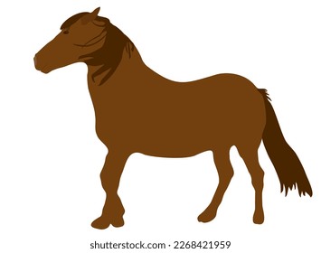 Brown horse with mane isolated on white background. Cartoon drawn chestnut color equine stand clip art, side view. Sorrel racing horse standing icon, vector design element eps 10