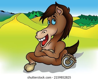 A Brown Horse with Open Mouth and Blue Eyes is Sitting on the Ground - Colored Cartoon Illustration with Background, Vector