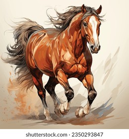 Brown horse painted with acrylic isolated on white background. Brown horse running