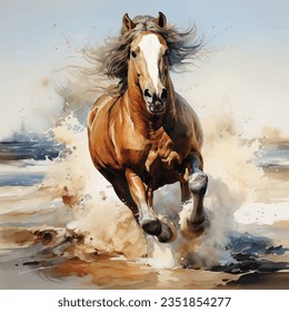 Brown horse painted with acrylic and watercolor isolated on white background. Brown horse running in sae