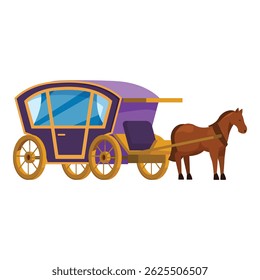 Brown horse patiently waits, hitched to an elegant purple carriage with gold accents, ready for its passengers