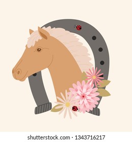 Brown horse portrait in a horseshoe with flowers