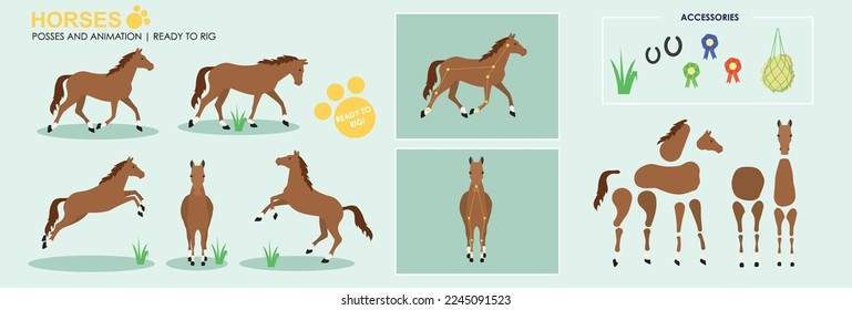 Caballo marrón listo para animar con múltiples accesorios de poses. Archivo vector etiquetado listo para la manipulación. Caballo, salto a caballo, caballos jugando.