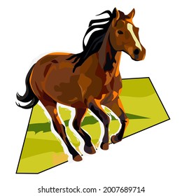 Brown horse running in a green field featuring meadow