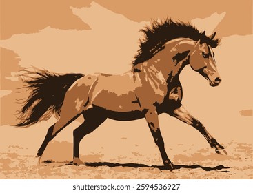 Brown horse running on sand with flowing mane and tail, creating a sense of freedom and motion