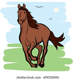 A brown horse runs across the field. Vector color illustration.