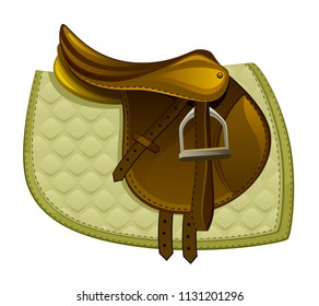 Brown horse saddle with a blanket on a white background