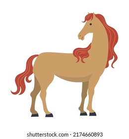 Brown horse standing. Breed of horse flat vector illustration. Colorful domestic animals and running isolated on white
