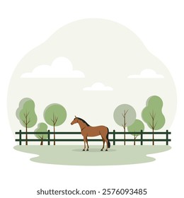 Brown horse standing near a wooden fence in a green field surrounded by trees and bushes under a cloudy sky