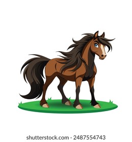 A brown horse is standing on green land and it is a majestic and strong animal known for its beauty and speed. Valued in sports, work, and companionship.