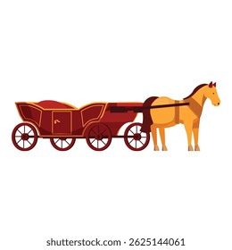 Cavalo pardo parado, amarrado a uma carruagem vermelha, isolado sobre um fundo branco