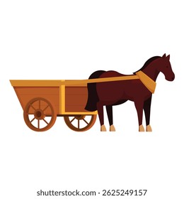 Brown horse standing still, harnessed to a wooden cart, in profile to the left
