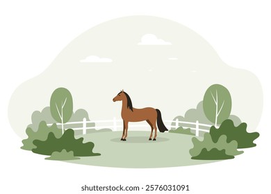 Brown horse walks in a fenced grassy field surrounded by bushes and trees under a light green sky with clouds