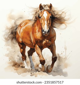 Brown horse in watercolor style, race horse, vector horse isolated on white background