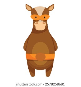 Brown horse wearing orange mask and belt like a superhero, standing up, isolated on white background