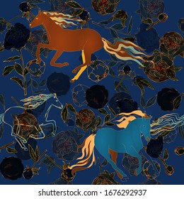 Brown horses with colored manes and tails on indigo blue background. Leaves, stems, flowers and inflorescences of peonies and roses vector illustration. Endless pattern. EPS10