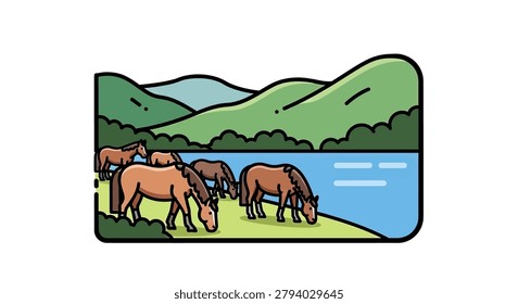 Brown horses eating grass by lake