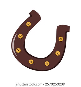 brown horseshoe with golden bolts, simple graphic style, isolated on a white background, symbol of luck