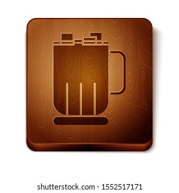 Brown Hot chocolate cup with marshmallows icon isolated on white background. Merry Christmas and Happy New Year. Wooden square button. Vector Illustration