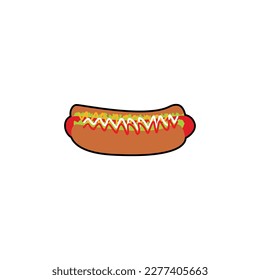 brown hot dog food vector with image of sausage, vegetables and sauce on it