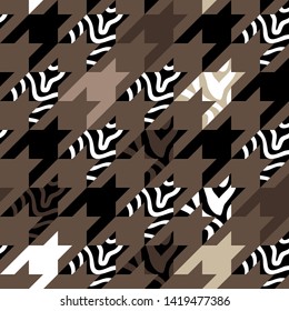 Brown hounds tooth print with zebra stripes. Seamless monochrome pattern with geometric elements. Autumn and winter textile collection.