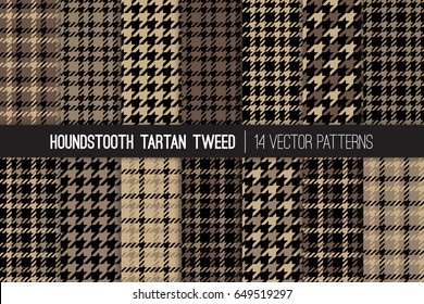 Brown Houndstooth Tartan Tweed Vector Patterns. Men's Fall or Winter Fashion. Father's Day Background. Traditional Formal Dogs-tooth Check Fabric Textures. Pattern Tile Swatches Included