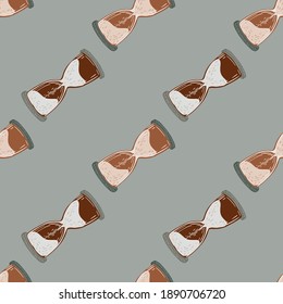 Brown hourglass silhouettes doodle seamless pattern. Pastel blue background. Time retro clock print. Designed for fabric design, textile print, wrapping, cover. Vector illustration.