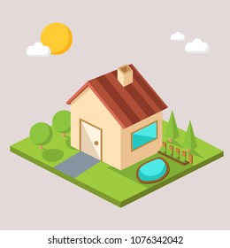 Brown house building isometric vector illustration