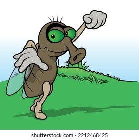 Brown House Fly With Green Eyes With Raised Fist From Profile - Cartoon Illustration With Background, Vector