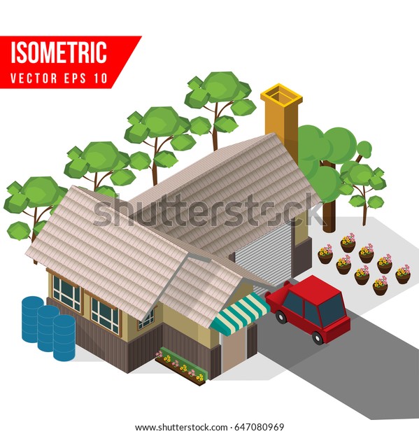 Brown House Garage Trees Cars On Stock Vector Royalty Free 647080969