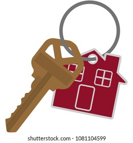 Brown House Key on Key Ring Illustration - Single brown house key and red house tag on silver key ring