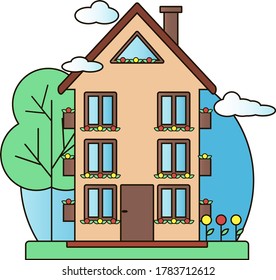 Brown house on blue background. Multistorey building with rectangular and triangular windows. Vector illustration in minimalist style with the image of the building, flowers, grass, wood, clouds.