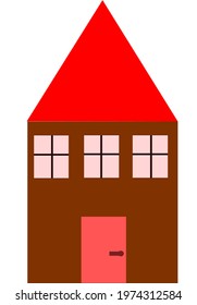 Brown House With Red Roof, Three Windows And A Door Vector, Animated House