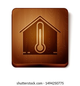 Brown House temperature icon isolated on white background. Thermometer icon. Wooden square button. Vector Illustration