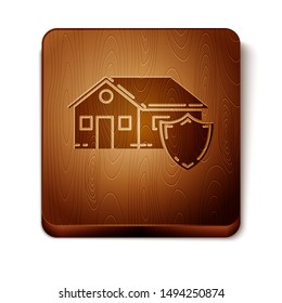 Brown House under protection icon isolated on white background. Protection, safety, security, protect, defense concept. Wooden square button. Vector Illustration