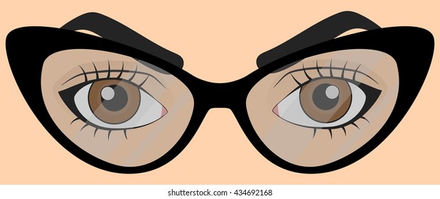 Brown human eyes in cartoon style with glasses