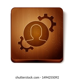 Brown Human with gear inside icon isolated on white background. Artificial intelligence. Thinking brain sign. Symbol work of brain. Wooden square button. Vector Illustration