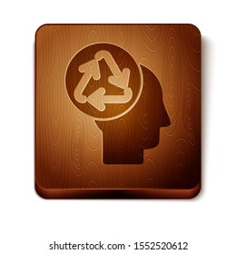 Brown Human head with recycle icon isolated on white background. Recycling thinking. Ecology friendly. Wooden square button. Vector Illustration