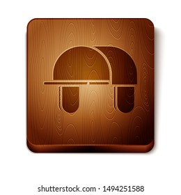 Brown Hunter hat icon isolated on white background. Plaid winter hat. Wooden square button. Vector Illustration
