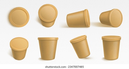 Brown ice cream cup paper package container mockup. Round yogurt bucket vector box. 3d realistic empty isolated plastic food branding kraft packaging. Clear gelato mock up template above view