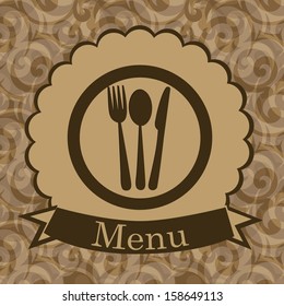 a brown icon with borders and some silhouettes of utensils within it in a textured background